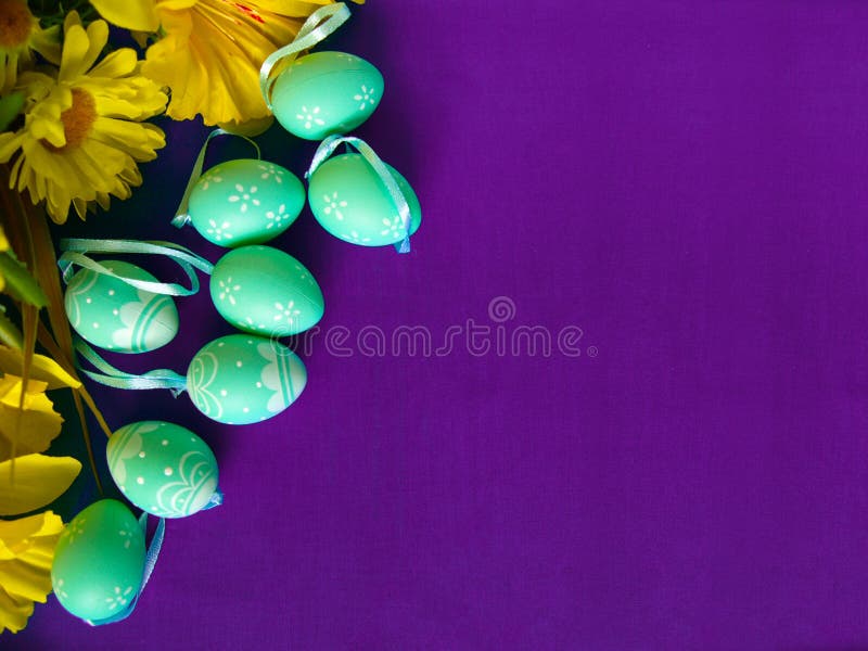 Easter eggs on purple silk, with yellow flowers. Empty space for text. Text greeting stock images, royalty-free photos and pictures