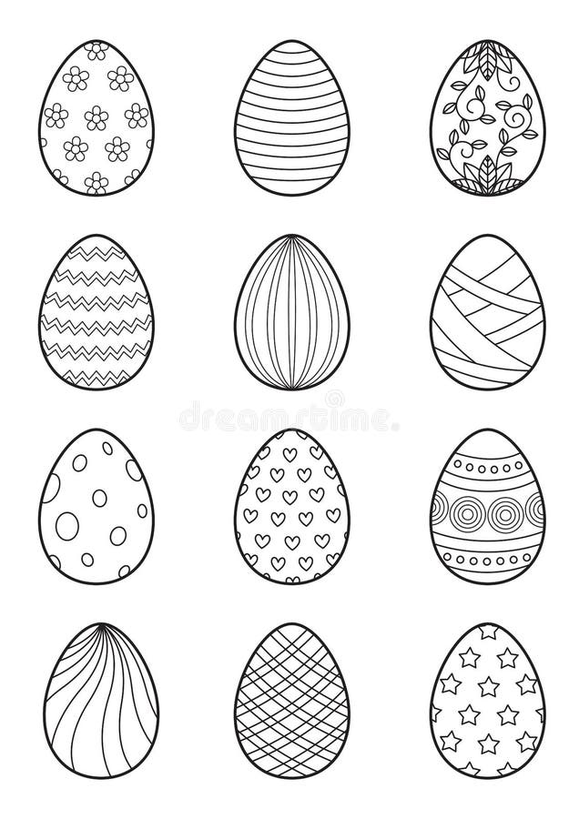 Easter eggs set for coloring book page. Doodle style. Black and white illustration