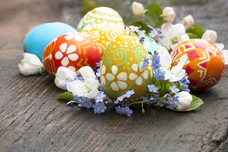 Easter eggs and spring flowers