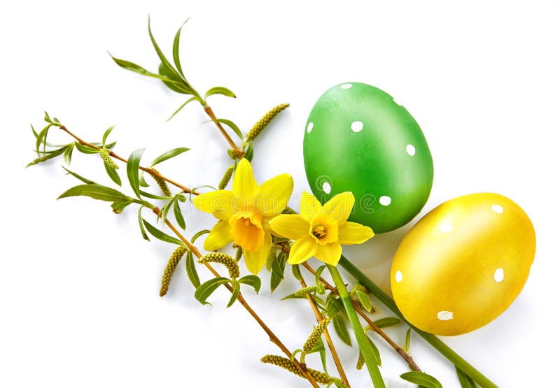 Easter Eggs with Spring Yellow Flowers Stock Photo Image of