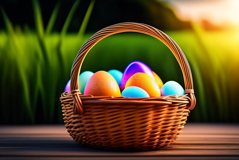 Easter Eggs in a Wicker Basket Blade of Grass Stock Illustration