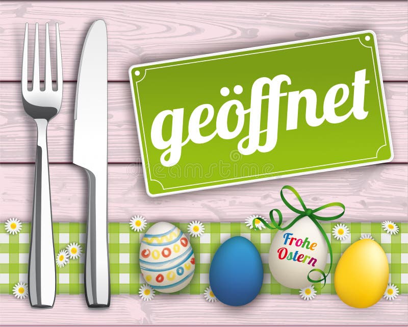 Easter Eggs Wood Checked Cloth Knife Fork Sign Open stock illustration Easter Eggs Wood Checked Cloth Knife Fork Sign Open stock illustration