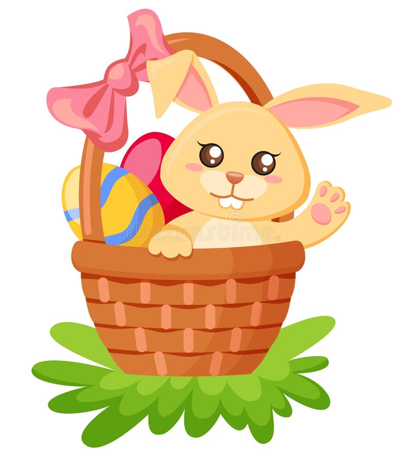 Easter feliz Coelho bonito que senta-se na cesta com ovos ilustração stock Easter feliz Coelho bonito que senta-se na cesta com ovos ilustração stock
