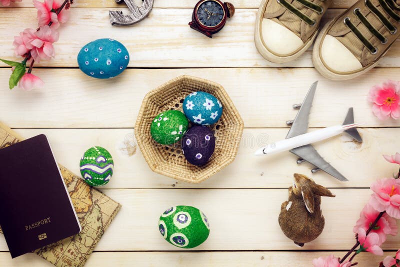 Easter festival with holiday travel background. Happy ea. Top view Easter festival with holiday travel background. Happy easter eggs painted on basket also stock photography Easter festival with holiday travel background. Happy ea. Top view Easter festival with holiday travel background. Happy easter eggs painted on basket also stock photography