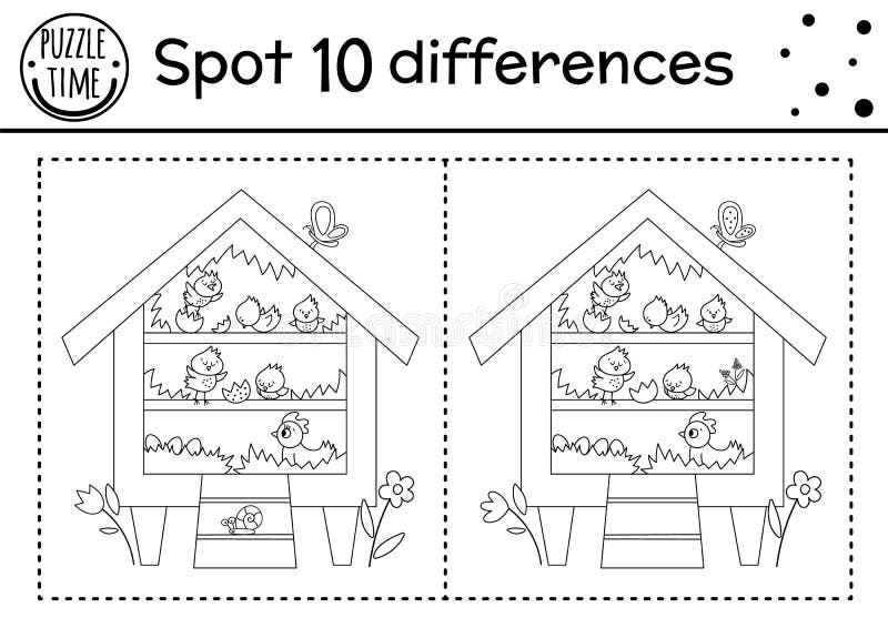 Easter find differences game for children. Holiday black and white educational activity and coloring page with funny roost with hen and chicks. Spring garden printable worksheet with cute characters