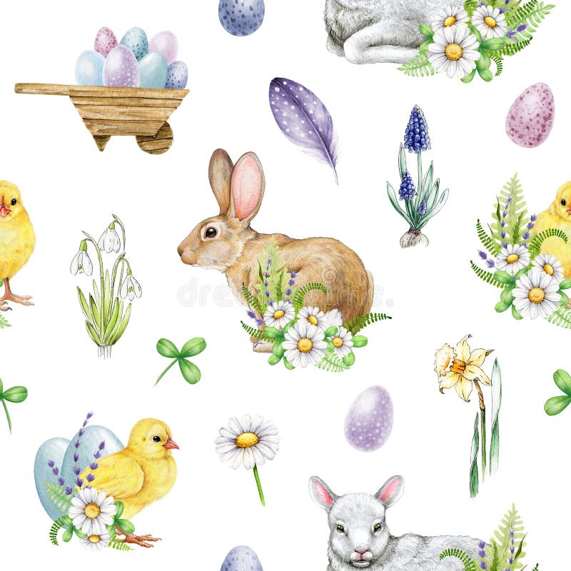 Easter flower festive traditional decor element seamless pattern. Watercolor illustration. Hand drawn bunny, chicks vector illustration