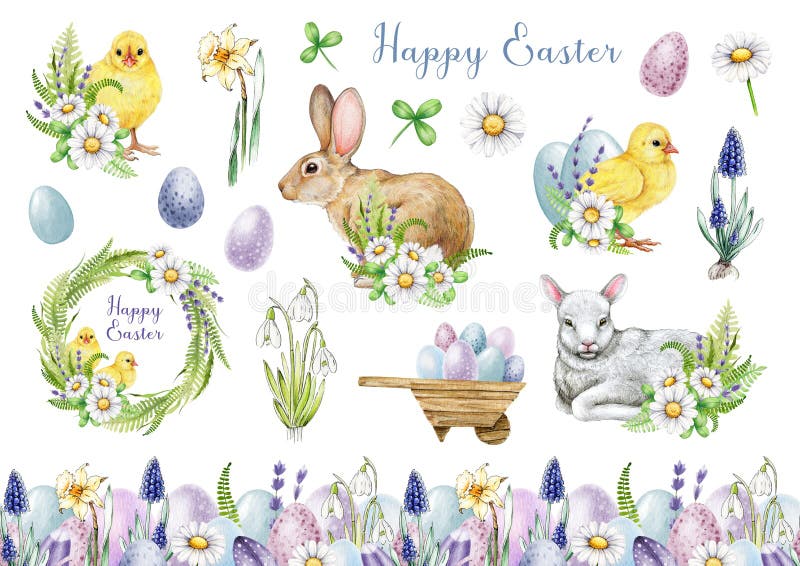 Easter flower festive traditional decor element set. Watercolor illustration. Hand bunny, chicks, eggs, lamb, spring vector illustration