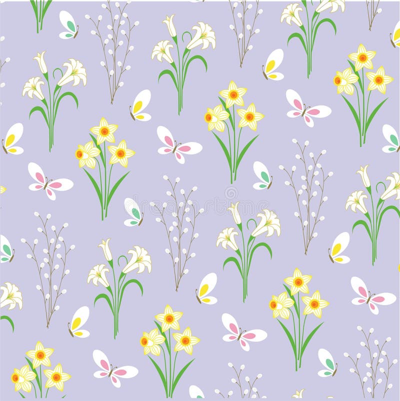 Easter flowers and butterflies on lavender vector illustration