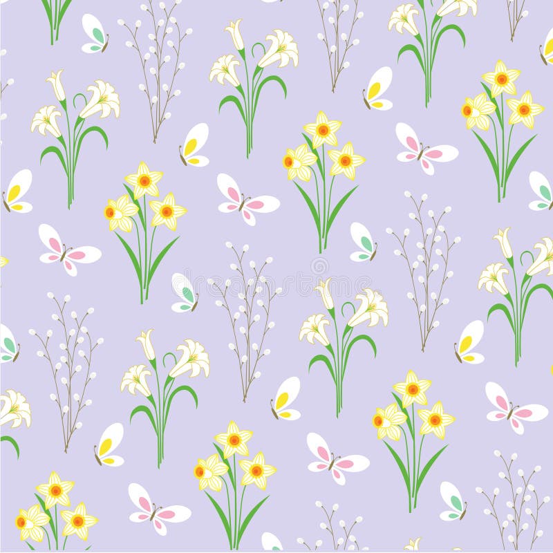 Easter flowers and butterflies on lavender vector illustration