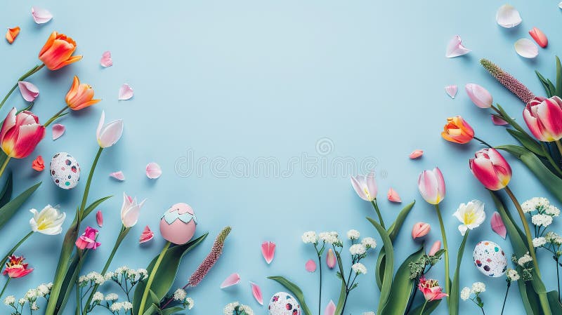 Easter Flowers and Eggs on Blue Background stock illustration