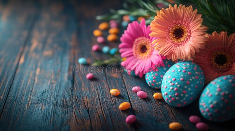 Easter flowers, eggs, and candy on dark wood royalty free illustration