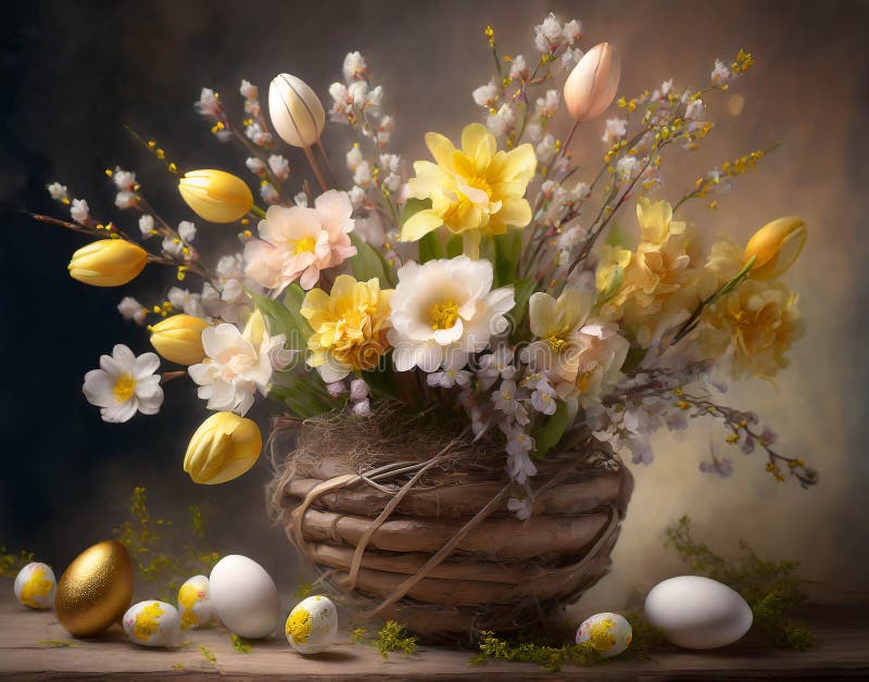 Easter flowers inbasket and Easter eggs on table vector illustration