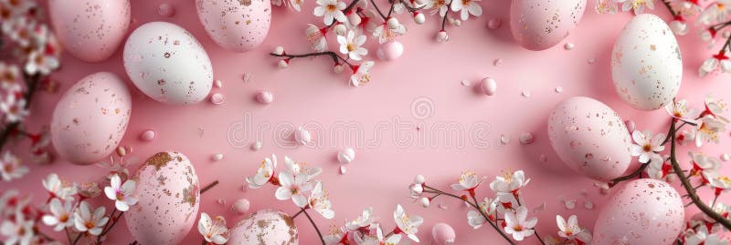 Easter Frame with Eggs and Flowers, White Blank Picture Frame Mockup, Generative AI Illustration stock photos