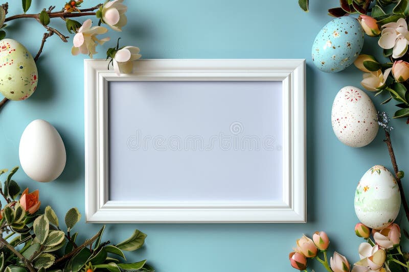 Easter Frame with Eggs and Flowers, White Blank Picture Frame Mockup, Generative AI Illustration royalty free stock image