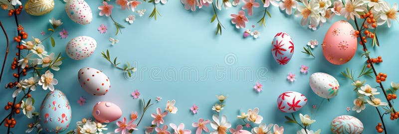 Easter Frame with Eggs and Flowers, White Blank Picture Frame Mockup, Generative AI Illustration royalty free stock photography