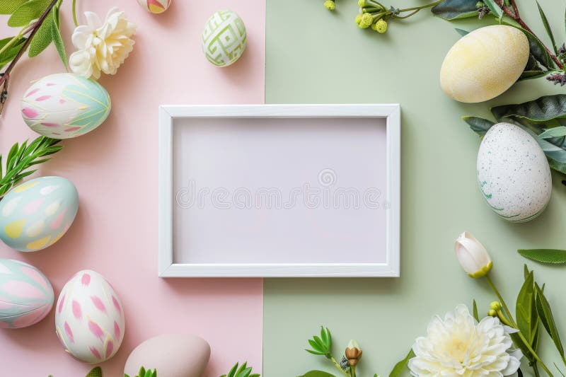 Easter Frame with Eggs and Flowers, White Blank Picture Frame Mockup, Generative AI Illustration stock image