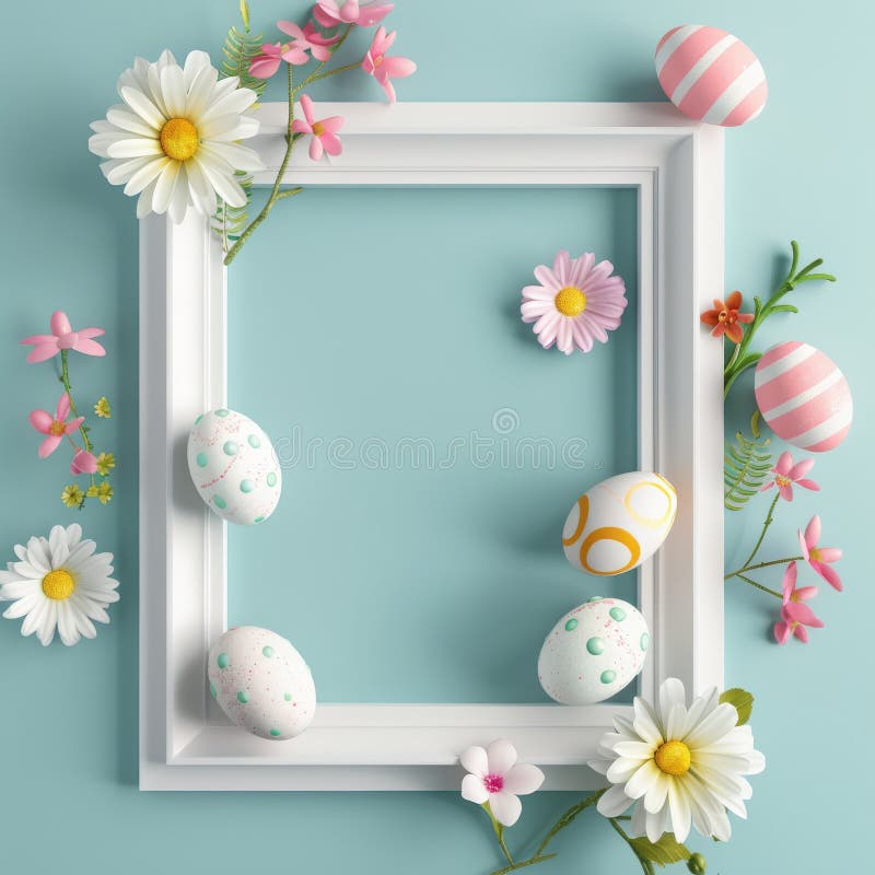 Easter Frame with Eggs and Flowers, White Blank Picture Frame Mockup, Generative AI Illustration stock images