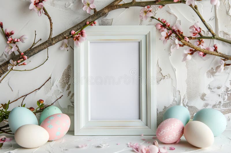 Easter Frame with Eggs and Flowers, White Blank Picture Frame Mockup, Generative AI Illustration royalty free stock images