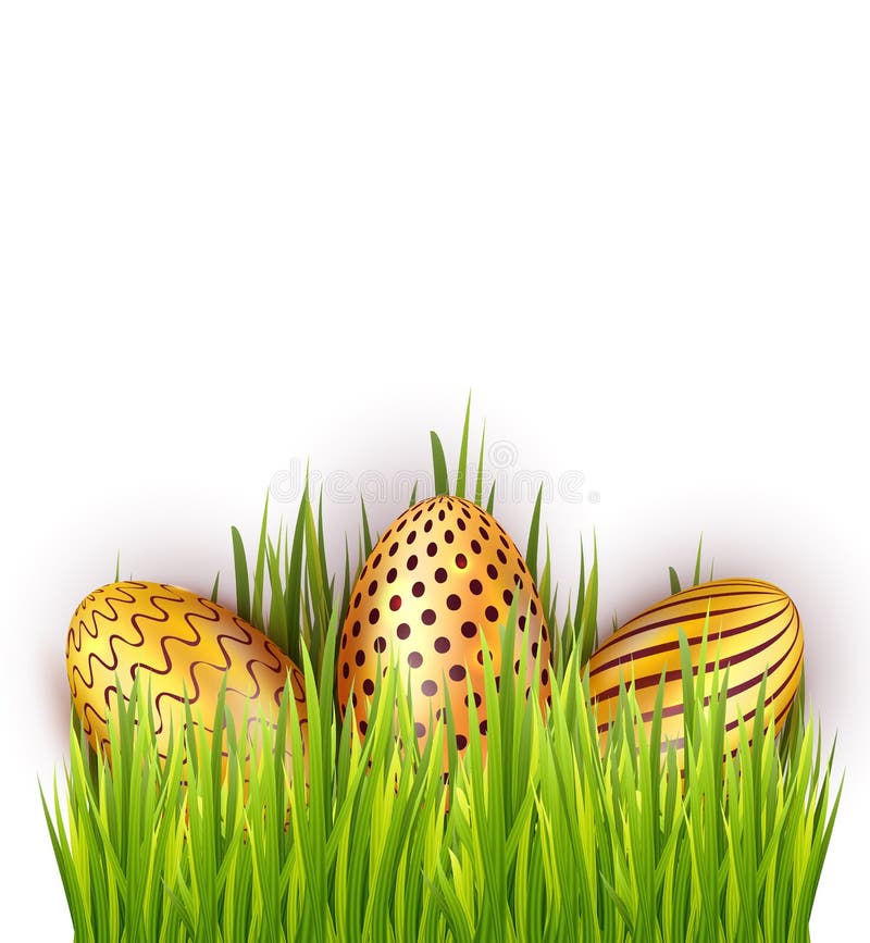 Easter Golden Eggs in Green Grass. Vector Decoration Elements for
