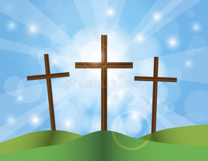 Easter Good Friday Crosses on Blue Sky Background. Happy Easter Day Good Friday Cross on Sun Rays on Sky Blue Bokeh Circles and Blurred Background Illustration royalty free illustration