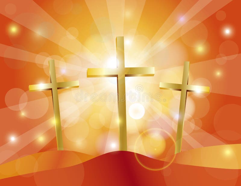 Easter Good Friday Gold Crosses Illustration. Happy Easter Day Good Friday Gold Cross on Sun Rays on Sky Blue Bokeh Circles and Blurred Background Illustration stock illustration