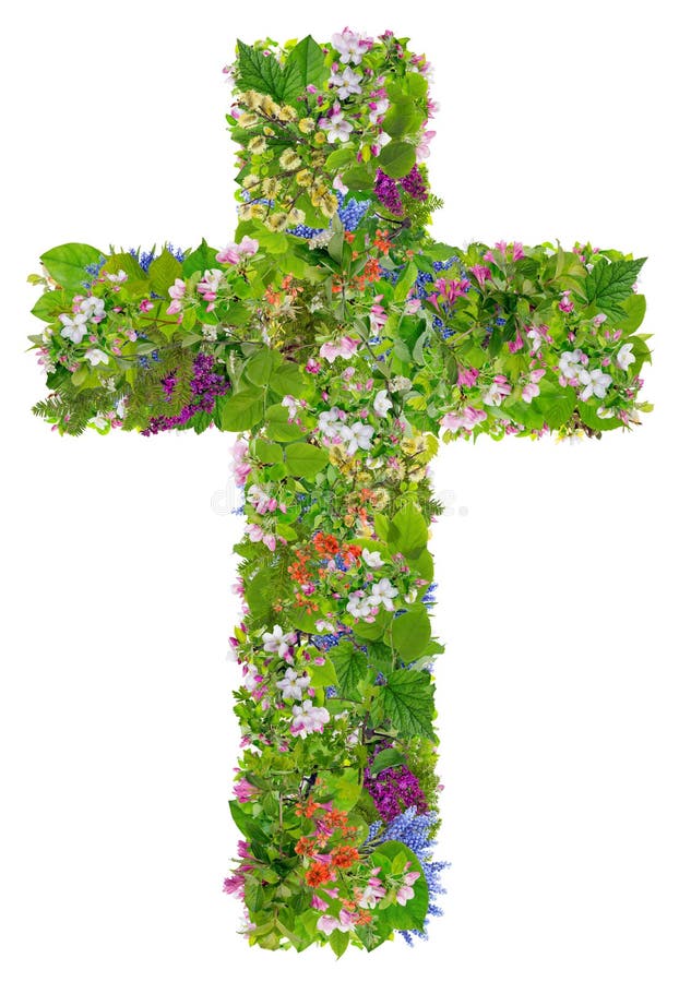 Easter green spring cross of Jesus. In my heart concept. Collage from springs plants branches and flowers. . You can find all the full sized images in my stock image Easter green spring cross of Jesus. In my heart concept. Collage from springs plants branches and flowers. . You can find all the full sized images in my stock image