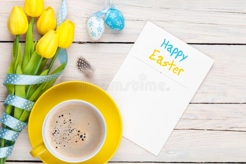 Easter greeting card with blue and white eggs, yellow tulips and