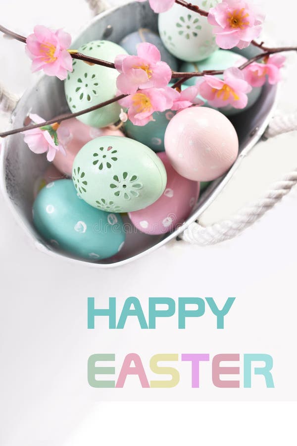 Easter Greeting Card With Text And Colorful Eggs In Metal Basket Stock ...