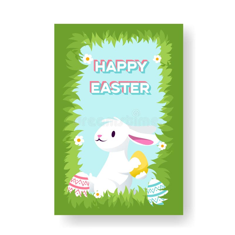 Easter Greetings Card with a Cartoon Bunny Holding Easter Eggs in the ...