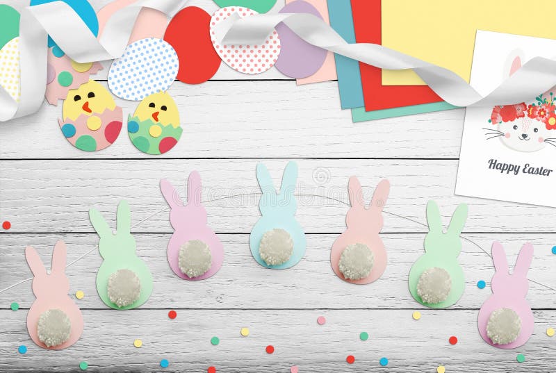 Easter Handmade of Paper, Cardboard, Eggs, Ribbons, Carrots, Bunnies with Pom Poms. Child Creativity on Stock Photo - Image crafts, origami: 217991714