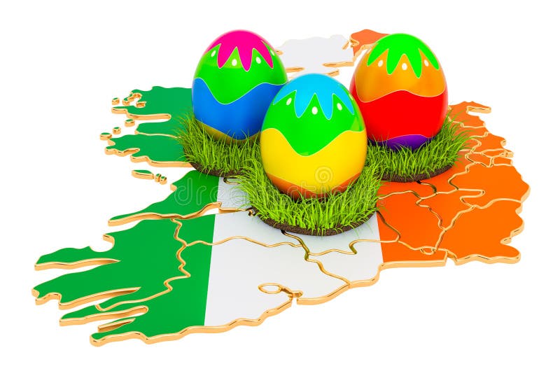 Easter Holiday in Ireland, Easter Eggs on the Irish Map. 3D Rendering
