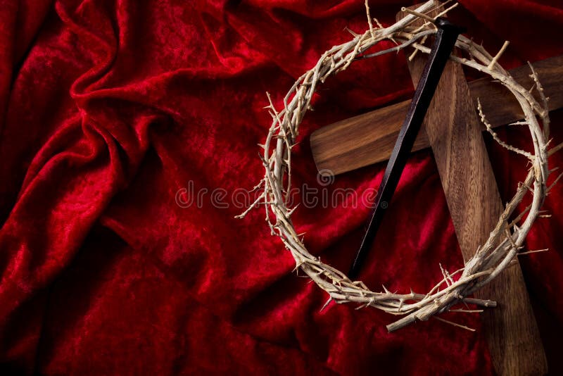 Easter holiday, reminder of the sacrifice of the Lord and Savior Jesus Christ concept with wooden cross, crown of thorns and rusty. Crucifixion nail isolated on stock photography