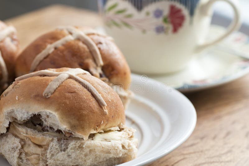 Easter Hot Cross Buns And A Cup Of Tea Stock Image Image of festival