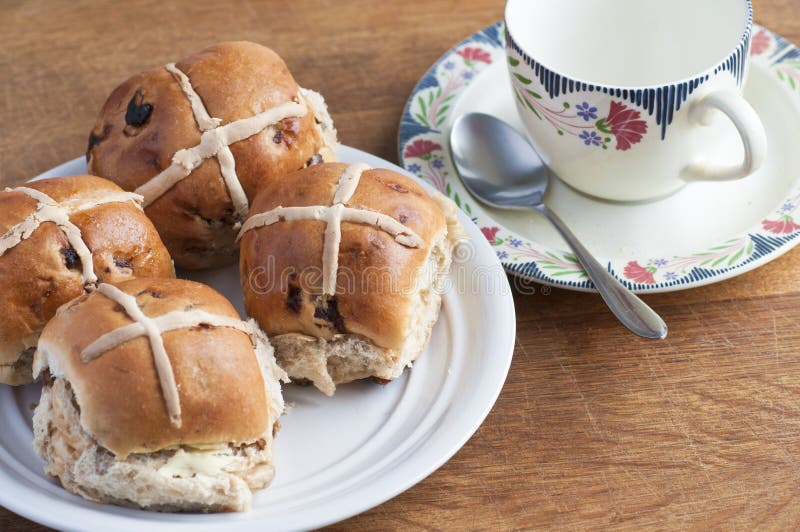 Easter Hot Cross Buns and a Cup of Tea Stock Image Image of festival