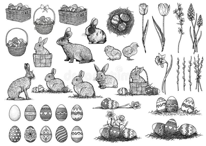 Easter illustration, drawing, engraving, set collection vector illustration Easter illustration, drawing, engraving, set collection vector illustration