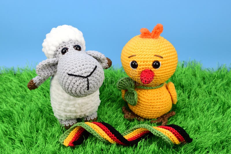 Easter Lamb and Chicken, Knitted from Thick Yarn. in the Foreground is