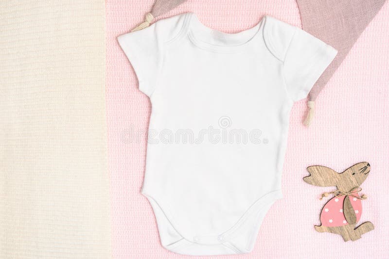 Styled Flat Lay Mockup Pink Baby Accessories Mock ups Matching Pink Baby Bodysuit and Bib Mockup