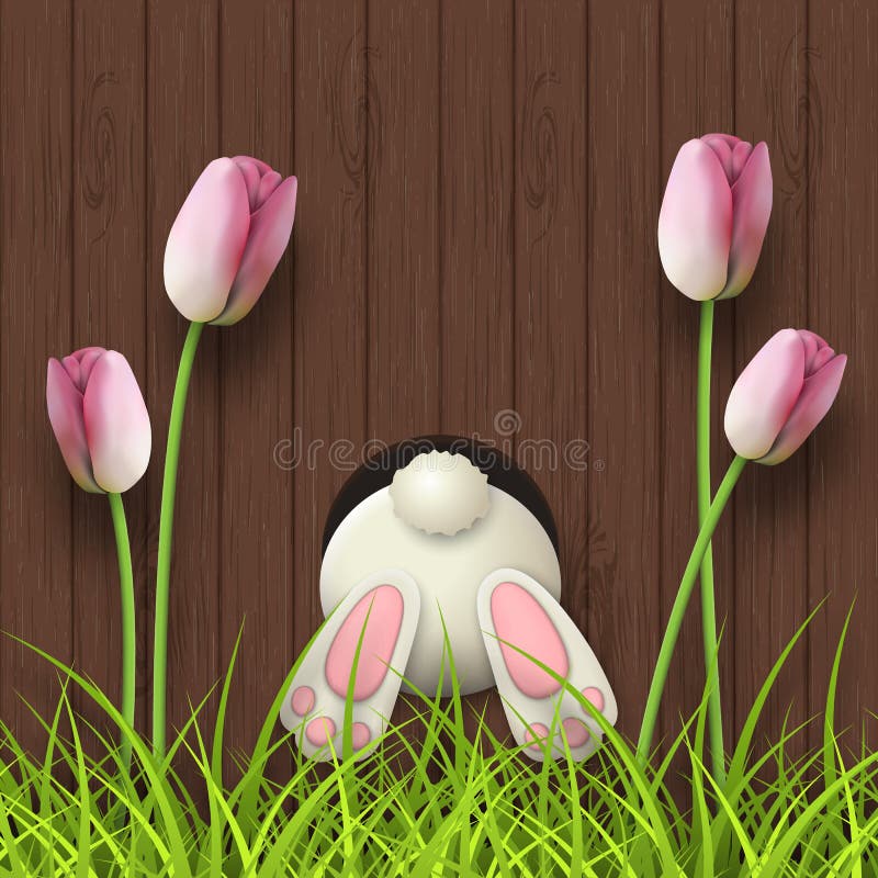 Easter motive, bunny bottom, pink tulips and fresh grass on dark brown wooden background, illustration