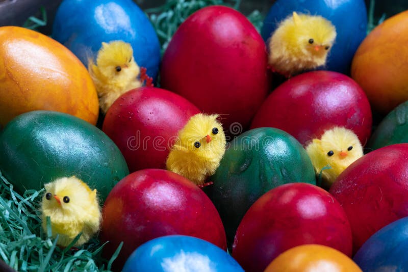 Easter Painted Eggs Surrounded by Toys Chickens in an Abstract