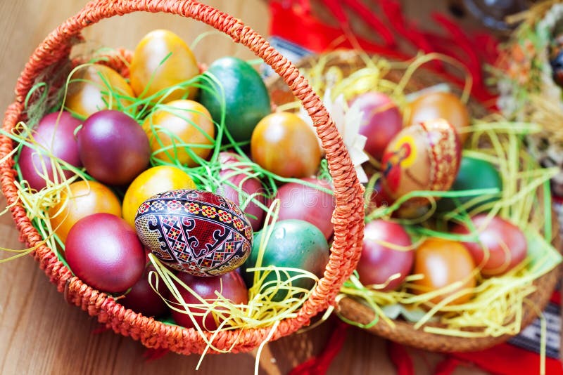 Easter painted eggs on table