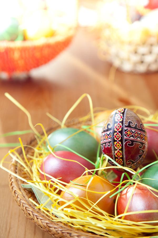 Easter painted eggs on traditional seasonal table