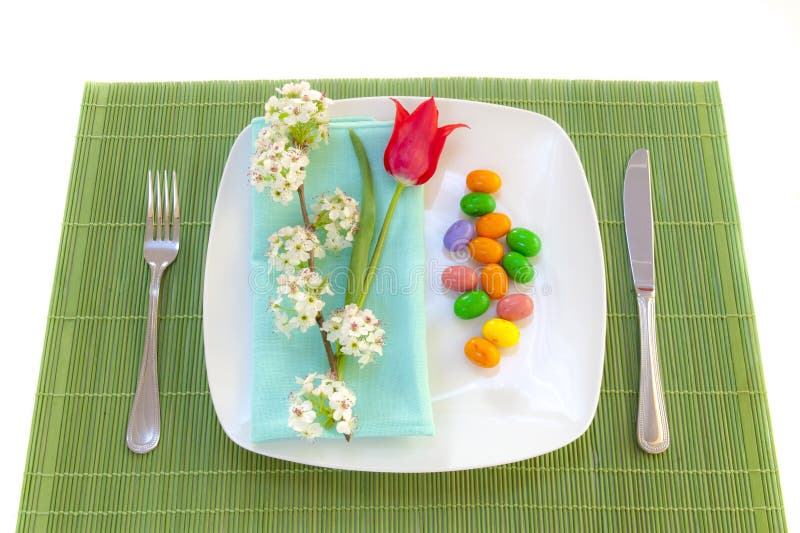 Easter place setting with spring flowers stock image