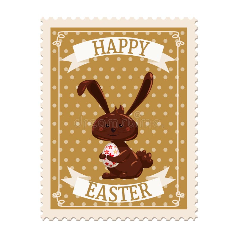 Easter Postal Stamp, Chocolate Bunny, Retro Graphic. Vintage Vector