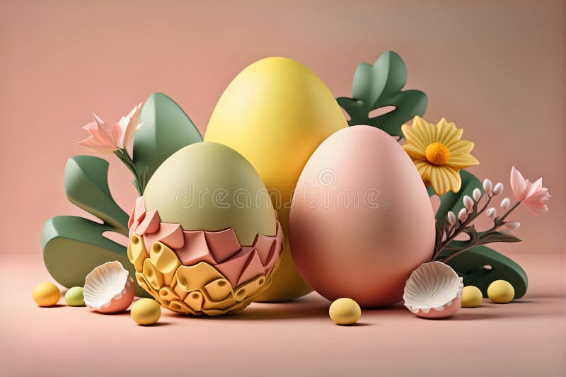 Easter poster or template with Easter eggs on light background.