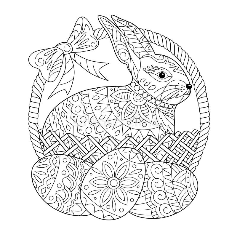 Easter Rabbit in Basket and Egg Coloring Page for Adult and Children