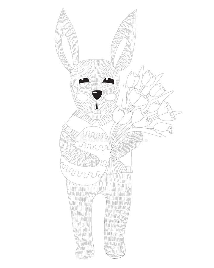 Easter Rabbit With Egg And Tulip Flower Coloring Page Stock Vector Illustration Of Character Black 176936879