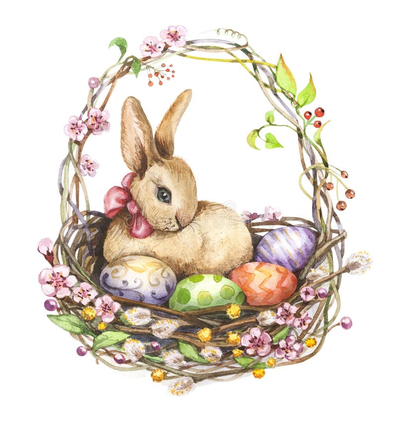 Easter rabbit and Easter eggs in a basket - watercolor iillustration