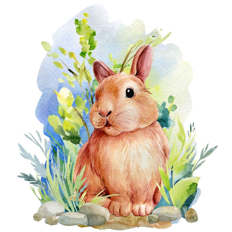 Easter rabbit and grass, watercolor clipart, cute bunny