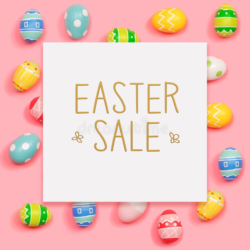 Easter Sale Concept. Pink Easter Eggs in Small Shopping Trolley on Pink