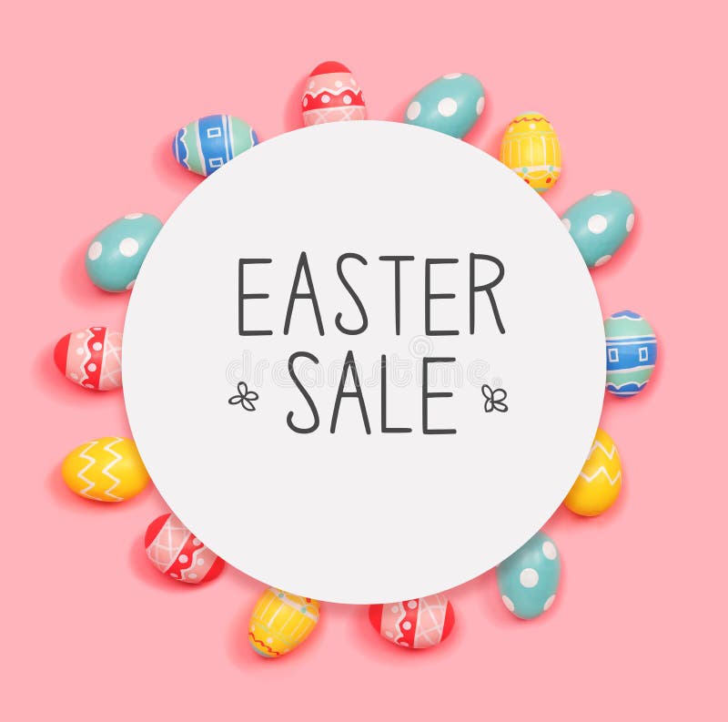 Easter Sale Concept. Pink Easter Eggs In Small Shopping Trolley On Pink
